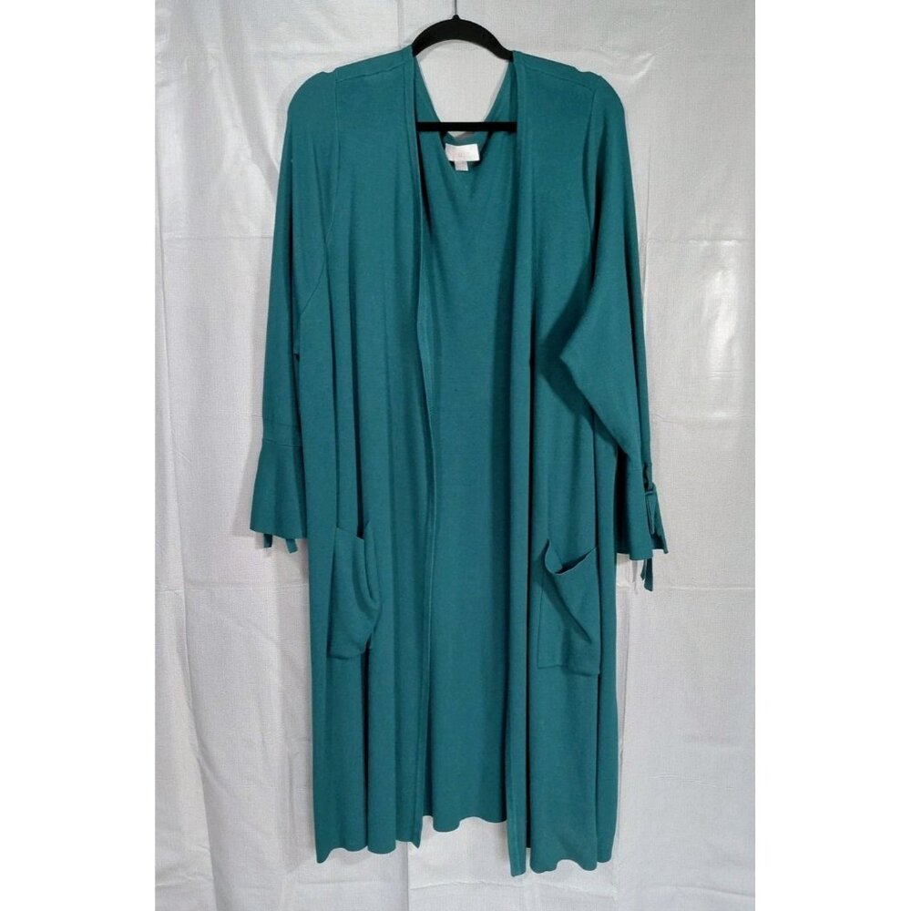 Belle Kim Gravel Knit Duster Cardigan 3X Open Front Sweater Teal Pockets Bows